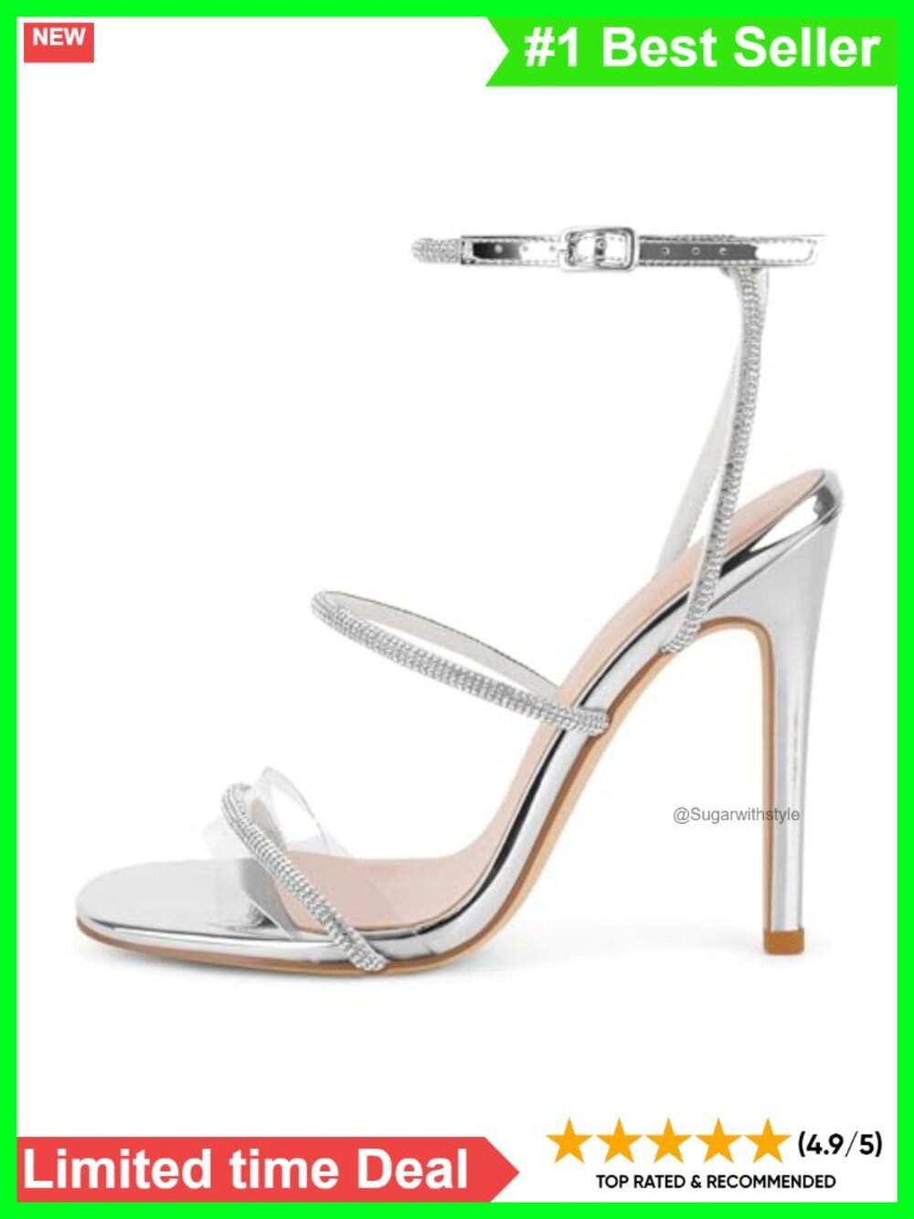 Rhinestone Stiletto Heels Sandals Round Open Toe Buckle Ankle Strap Party